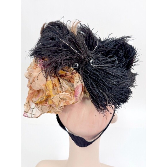 Vintage 30s 40s Tilt Hat Black Ostrich Feather Plume Tippy Topper Size 22 main image 9